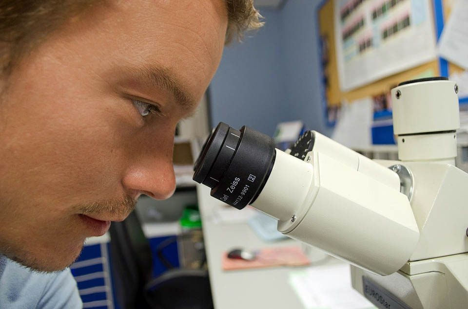 man looking through microscope